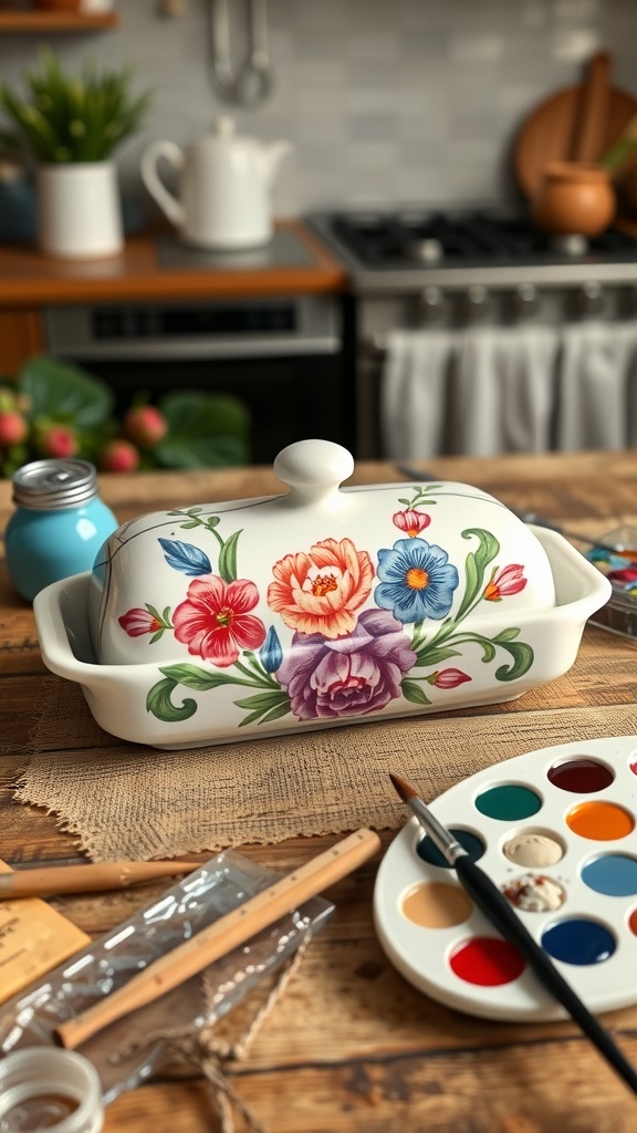 A colorful ceramic butter dish with floral patterns on a wooden table with painting supplies.
